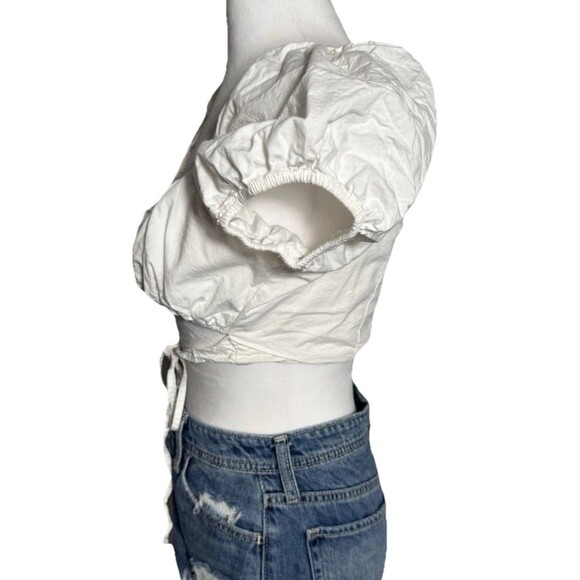 H&M Divided Crop Top Tie Front Puff Sleeve White Medium V-neck 100% Cotton - Picture 4 of 9